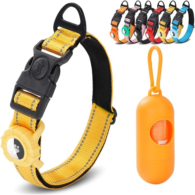 JSXD AirTag Dog Collar, Night Reflective Nylon Dog Collar for Small Medium Large Dogs,Lockable Quick Release Buckle,Padded Breathable Pet Collar with AirTag Holder (Yellow, Small)