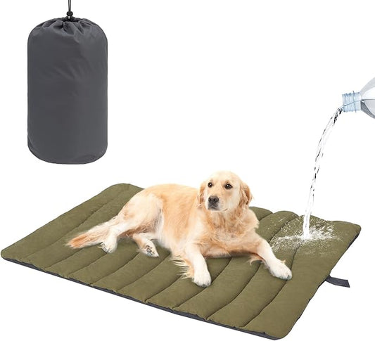 BEAUTYZOO Outdoor Dog Bed Waterproof, Camping Dog Bed Reversible, Portable Travel Bed with Carry Bag- Machine Washable, Durable, Foldable Outdoor Pet Bed Mat for Medium Large Dogs, 35” x 51“ Green
