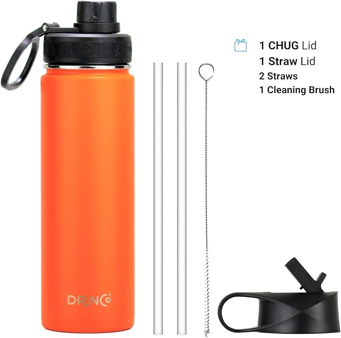 DRINCO Stainless Steel Water Bottle Spout Lid Vacuum Insulated Double Wall Water Bottle Wide Mouth (40oz 32oz 22oz 18oz 14oz) Leak Proof Keep Cold Sport Camping Hiking (22 oz, 22oz Orange)