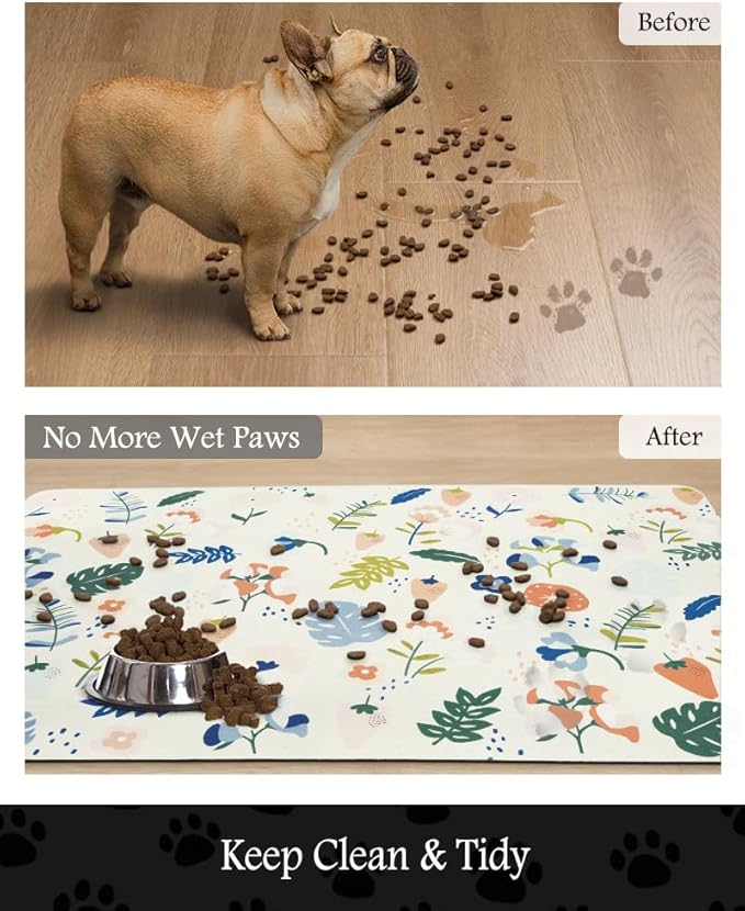 Pet Feeding Mat-Absorbent Dog Mat for Food and Water Bowl-No Stains Quick Dry Water Dispenser Mat-Dog Accessories Pet Supplies-Bowl for Messy Drinkers（LIGHTFLOWERS,12"x19"
