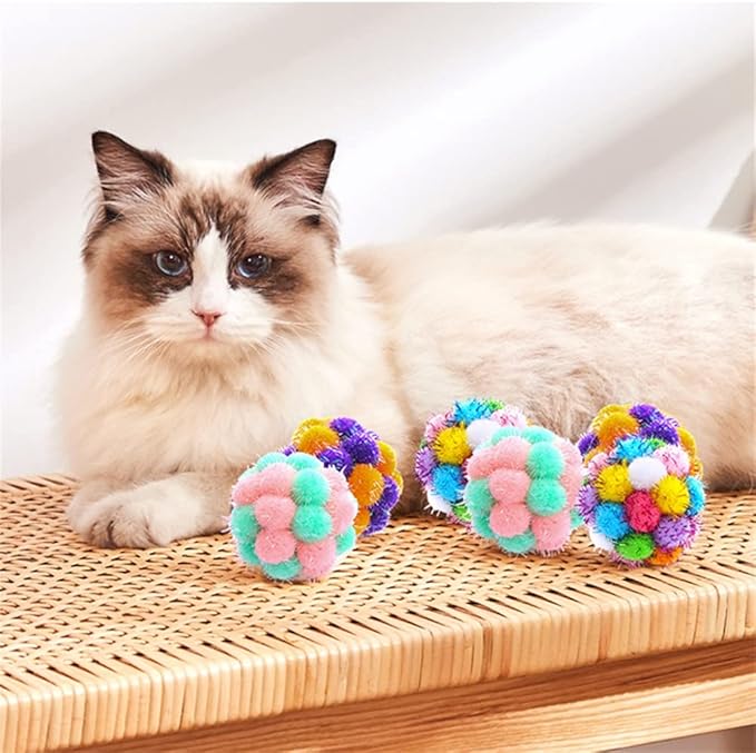 TUSATIY Cat Toys Ball with Bells 3PCS, Color Cat Pom Pom Balls,Tinsel Sparkle Balls,Interactive Toy for Indoor Cats Kitten
