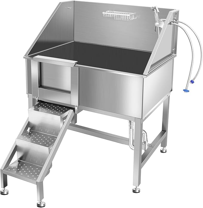 38" Dog Washing Station, Professional Stainless Steel Dog Bathing Station, Equipped with Three Anti-Slip Steps, Removable Door, Upgraded Spray Nozzle&Hose - Ideal for Home, Pet Grooming Salon,L-RAMP
