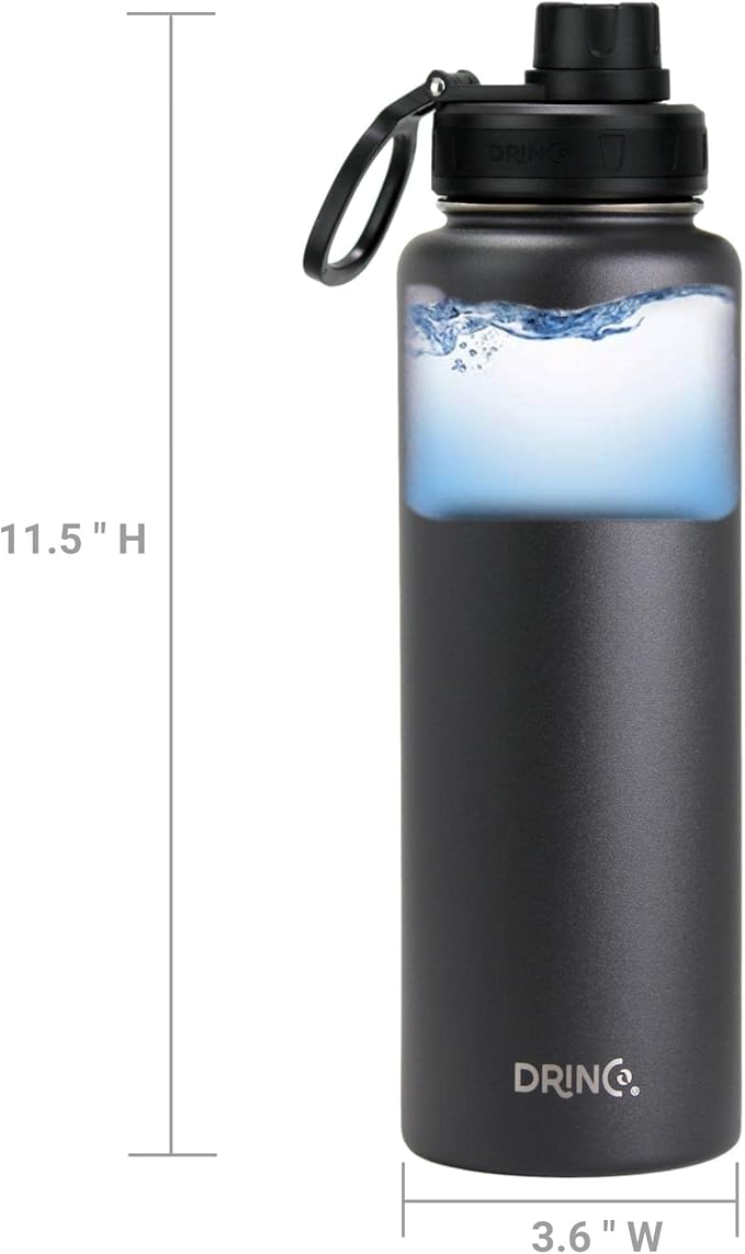 DRINCO Stainless Steel Water Bottle Spout Lid Vacuum Insulated Double Wall Water Bottles Wide Mouth (40oz 32oz 22oz 18oz 14oz) Leak Proof Keeps Cold or Hot (40 oz, 40oz Black)