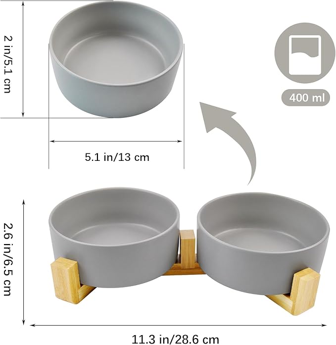 Ceramic Cat Bowls with Bamboo Stand,Non-Slip Small Dog Food and Water Bowl Set Non-Spill Cats Feeder Dish Modern Cute Weighted Cat Dishes for Small Dogs Puppy Cats Kitten(Grey)