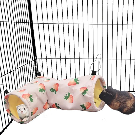 Large Caliber Guinea Pig Hideout & Hammock, Corner Hideout Toy for Guinea Pig, Ferret, Hedgehog, Piggy-2 Tunnel Strawberry