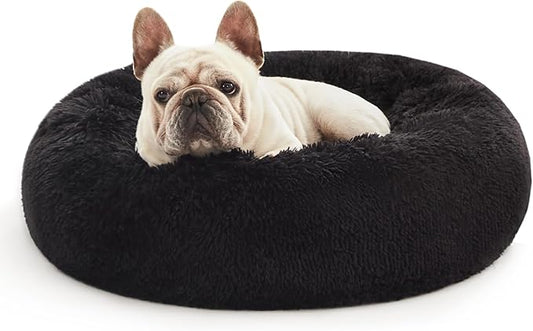 Love's cabin Calming Cat Bed for Indoor Cats,Anti-Anxiety Donut Round Dog Bed,Fluffy Faux Fur Washable Pet Bed for Small Medium Dogs and Cats,Black,20in