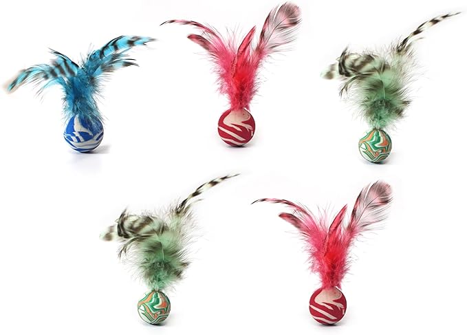 Cat Toy Balls, 5 PCS Colorful Feather Bouncy Balls for Cats No Noise Interactive Kitten Toys Cat Exercise Ball, Safe for Your Kitty (C)