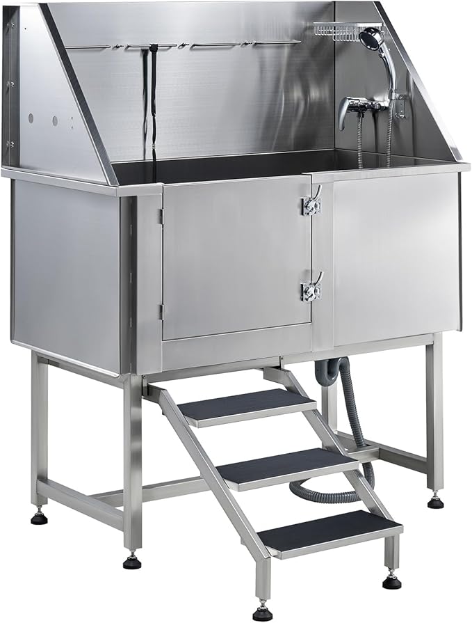 Albott 50-Inch Stainless Steel Dog Washing Station with Anti-Slip Steps, Sprayer, Faucet, and Soap Box – Professional Pet Bathtub for Medium/Small Pets, Ideal for Home, Garage, and Grooming(Left)