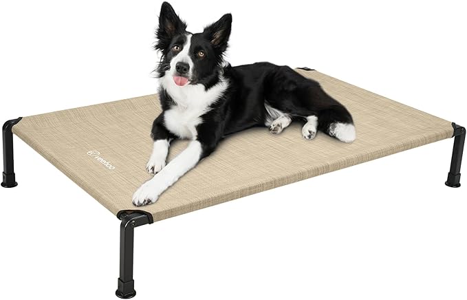Veehoo Heavy Duty Elevated Dog Bed - Raised Dog Cot with Washable & Breathable Teslin Mesh, Non-Slip Silicon Feet, Cooling for Indoor or Outdoor, 35" x 22", Beige Coffee