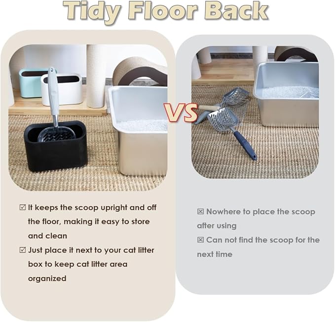 Metal Cat Litter Scoop with Holder, Aluminum Cats Litter Scooper Captures All Clumps, Heavy Duty Metal Kitty Scoopers with Holder, Cat Metal Scoop and Holder (Black)