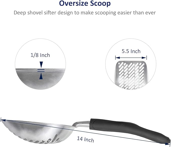WePet Cat Litter Scoop, Aluminum Alloy Sifter, Kitty Metal Scooper, Deep Shovel with Diagonal Sifting Hole, Long Handle, Kitten Poop Lifter for Litter Box, Large Size, Black Handle