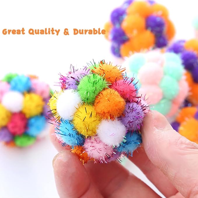 TUSATIY Cat Toys Ball with Bells 3PCS, Color Cat Pom Pom Balls,Tinsel Sparkle Balls,Interactive Toy for Indoor Cats Kitten