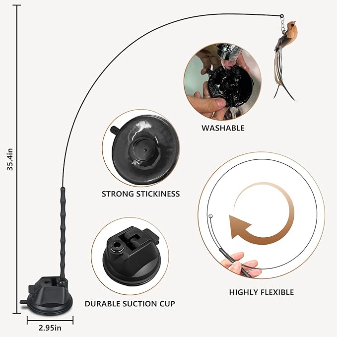 Cat Toys for Indoor Cats, Interactive Bird Cat Toy Self-Holding Suction Base with 5 Replaceable Birds, Door Hanging String, Feathers & Bells | Chase, Jump & Exercise for Kittens/Adult Cats
