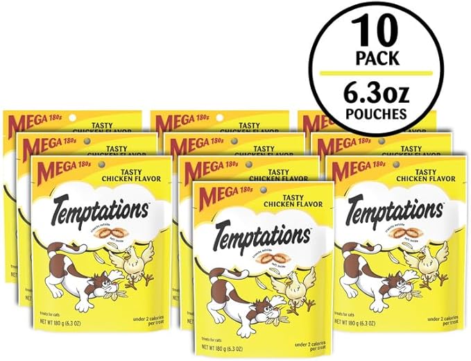 Temptations Classic Crunchy and Soft Cat Treats, Tasty Chicken Flavor, 6.3 oz. Pouch, (Pack of 10)