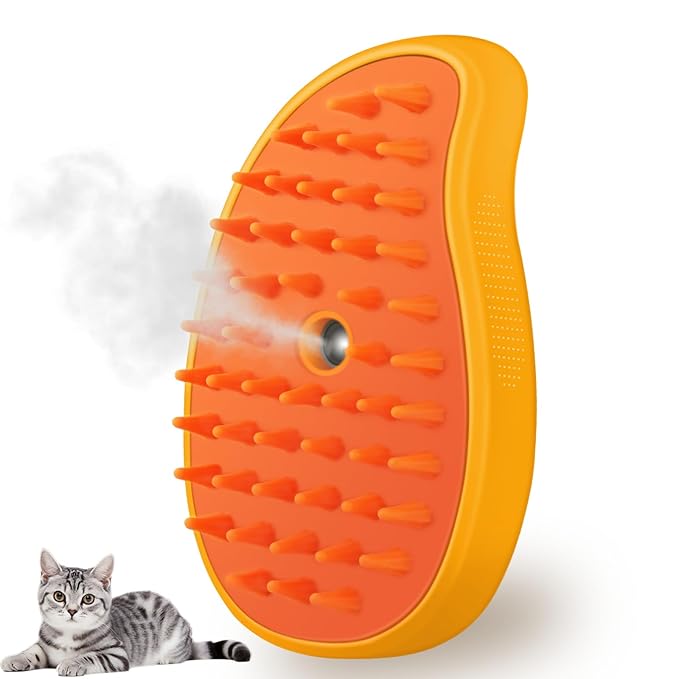 KALAMANDA Cat Steam Brush, 3 in 1 Dog Steamy Brush Cleanser, Silicone Massage Grooming Comb, Pet Hair Cleaning Misting Comb for Cats Dogs(Mango Yellow)