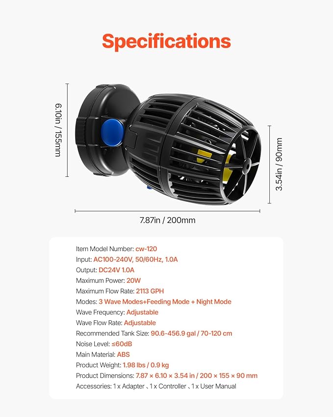 VEVOR Aquarium Wave Maker, 20W, 2113 GPH Quiet and Strong DC Powerhead, Adjustable Fish Tank Circulation Pump with Controller, Strong Magnetic Base, 360° Rotating Wavemaker, for Freshwater Saltwater