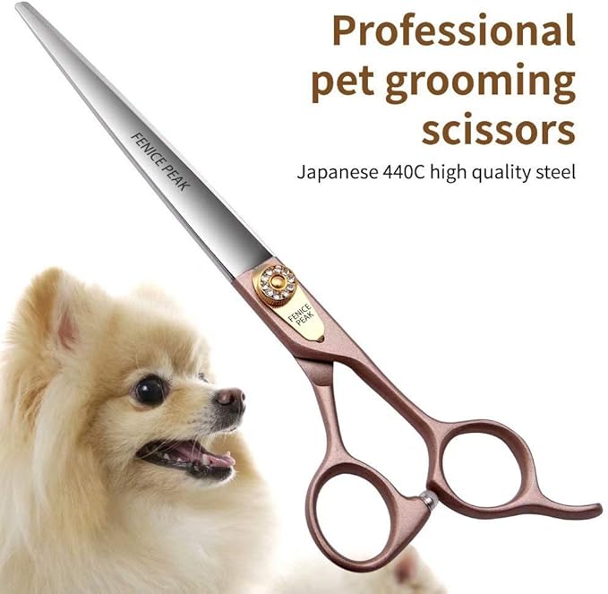 Fenice Peak 8'' Dog Straight Scissors for Grooming 440C Stainless Steel Rose Gold Professional Pet Trimming Scissors Sharp Blades Cutting for Dogs and Cats Shears