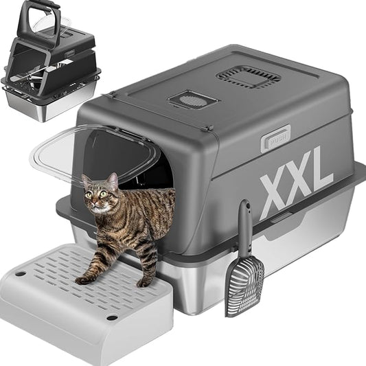 XX-Large Stainless Steel Cat Litter Box with Lid – Fully Enclosed Large Litter Box for Big Cats, Odor Control with Magnetic Door, Easy Clean, Multi-Cat Durable Metal Pan (Natural Color)