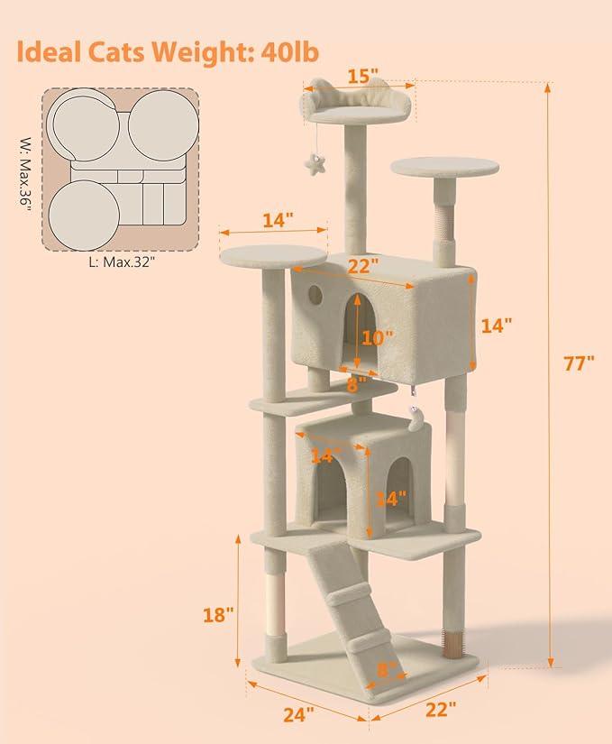 77'' Cat Tree Tower for Indoor Cats Large Adult, Cute/Tall Modern Cat Tree for Big Cats 20 lbs, Plush Multi-Level Cat Condo with Scratching Posts, Dangling Ball for Fun Play (Beige, 77 inch)