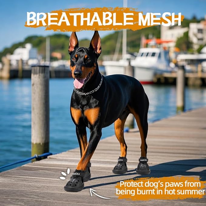 JZXOIVA Dog Shoes for Hot Pavement, Dog Booties for Large Dogs, Breathable Dog Boots & Paw Protectors, Adjustable Non-Slip Dog Rain Booties, Waterproof Pets Sandals for Beach Black Size 8