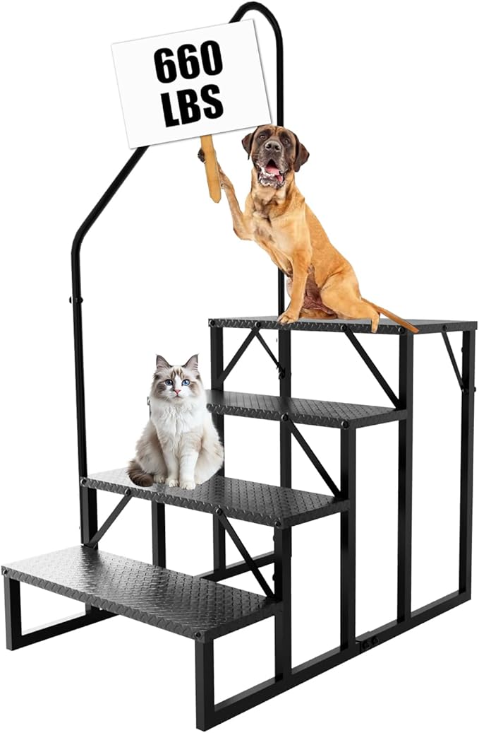 RV Stairs 4 Step Ladder, RV Steps Anti-Slip, Hot Tub Steps with Handrail, 660 lbs RV Ladder for 5th Wheel RV, Mobile Home Stairs