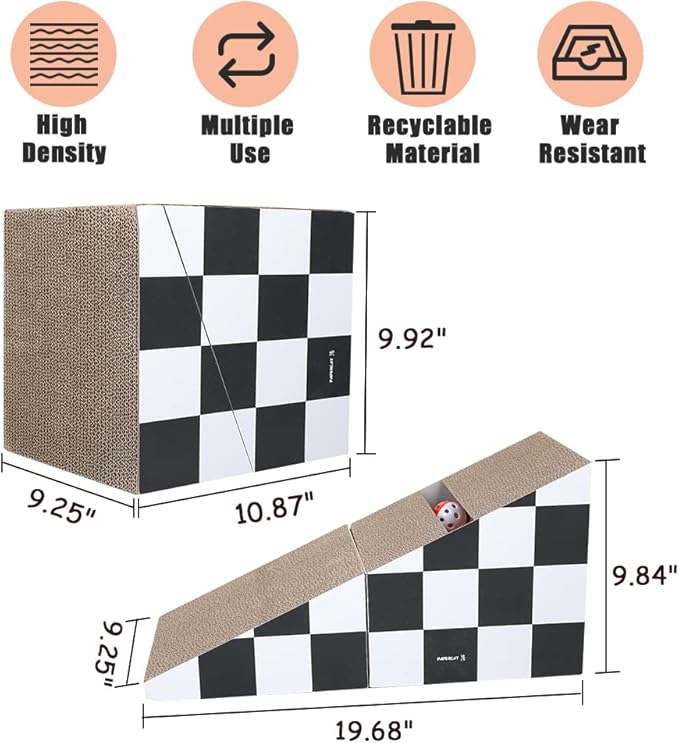 Cat Scratching Board with Ball, Triangle Cat Scratching Cardboard, Multiple Scratching Angles, 2-in-1 Scratching Lounge Bed, Recyclable and Durable, Furniture Protector, Black and White