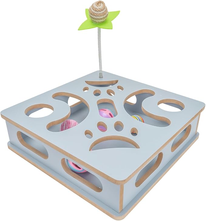 Interactive Wooden Cat Puzzle Toy Box Indoor Hunting Play Toy to Stimulate Your Cat’s Energy and Instincts (Blue)