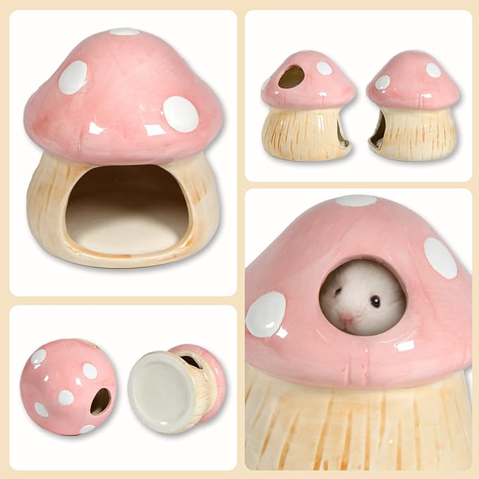 Ceramic Mushroom Guinea Pig House Hamster Hide Bed Includes Hamsters Food Bowl Guinea Pig Hideout for Hamster Chinchilla Hedgehog Rat Small Animals(Pink Mushroom Set)