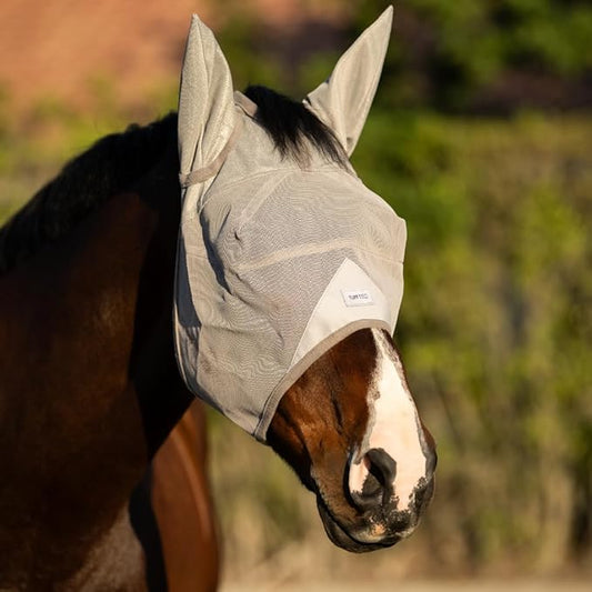 Horse Fly Mask with Ears | Built-in Visor | Breathable, Lightweight Mask | 95% UV Eye Protection | Adjustable Fit for Comfort Horse Medium/Large Size