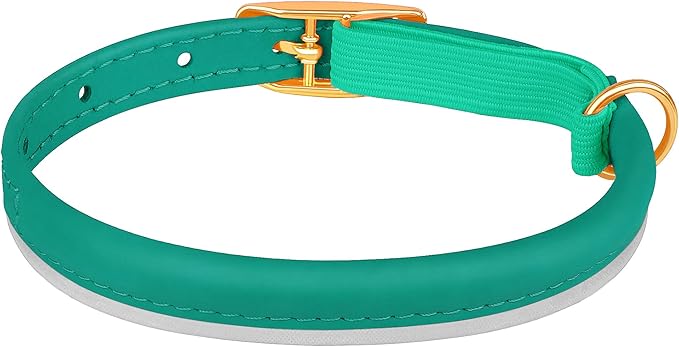 OOPSDOGGY Rolled Leather Cat Collar with Bell - Reflective Kitten Collar with Safety Elastic Strap - Adjustable Small Pet Collars for Boy Girl Cats (Teal)