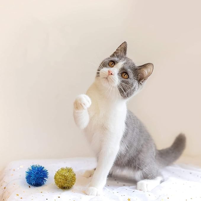 AUEAR, 12 Pack 2 Inch Sparkle Ball Shiny Glitter Tinsel Pom Poms Interactive Cat Balls for Kittens (6 Colors)