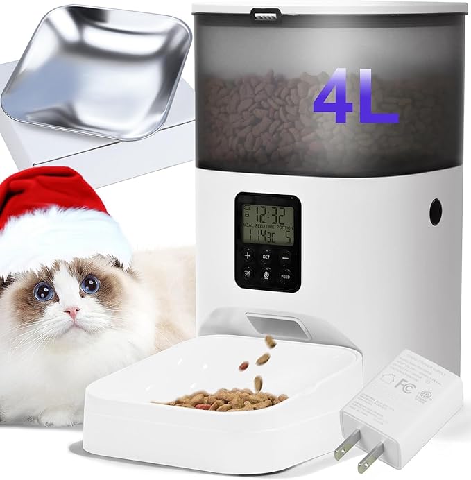 Automatic Cat Feeder, 4L Cat Food Dispenser with 10s Voice Recorder, Pet Feeder up to 8 Meals per Day, Timed Cat Feeder with Dry Food Sealed Ring (Jade White, 4L)