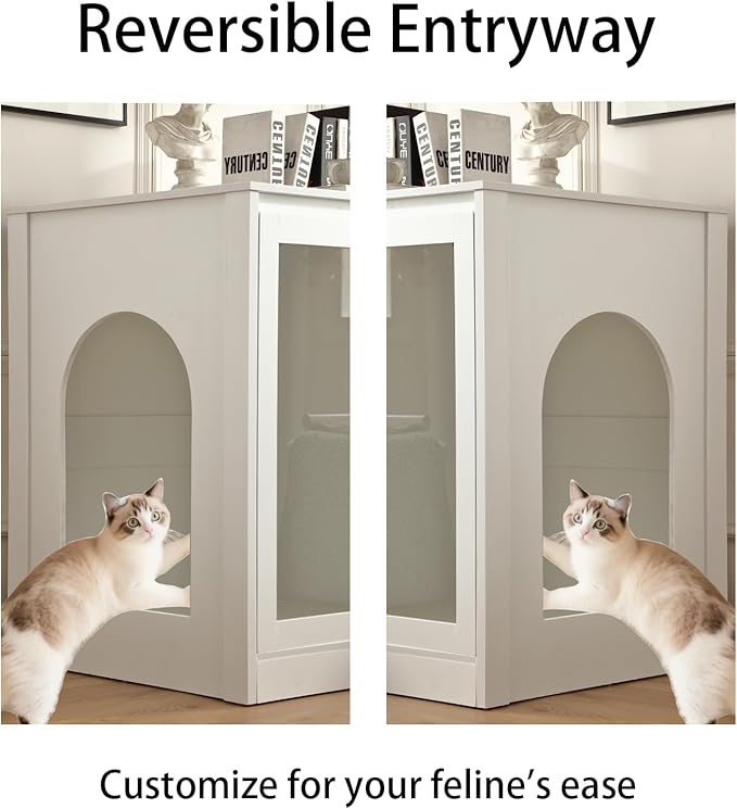 Cat Litter Robot Enclosure with Cat-Observant Glass Doors,Litter Robot Cabinet with Cozy LED for Cats,Reversible and Optional Entry(Left or Right),Power Outlet for More Choice, (White)
