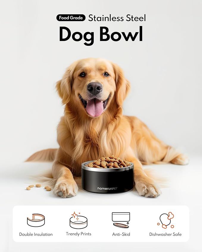 Homerunpet Double Wall Stainless Steel Dog Bowls, Non-Slip Base, Dishwasher Safe, Durable Pet Food & Water Bowl for Dogs & Cats(32oz, Black)