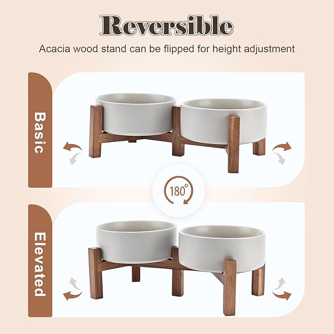 SPUNKYJUNKY Ceramic Dog Bowls with Acacia Wood Stand - Raised Dog Food and Water Bowl Set for Medium Dogs (28.74 OZ, Gray)