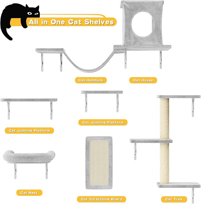 NUNU LAB Cat Wall Shelves, 6 Pcs Luxury Wall-Mounted Cat Climber Set, Indoor Cat Furniture with 1 Condos House, 2 Cat Wall Shelves, 1 Scratching, 1 Bridge Ladder, 1 Scratching Pad, Gray