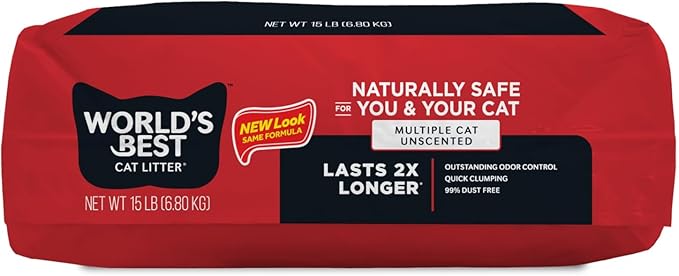 WORLD'S BEST CAT LITTER Multiple Cat Unscented, 15-Pounds - Natural Ingredients, Quick Clumping, Flushable, 99% Dust Free & Made in USA - Long-Lasting Odor Control & Easy Scooping
