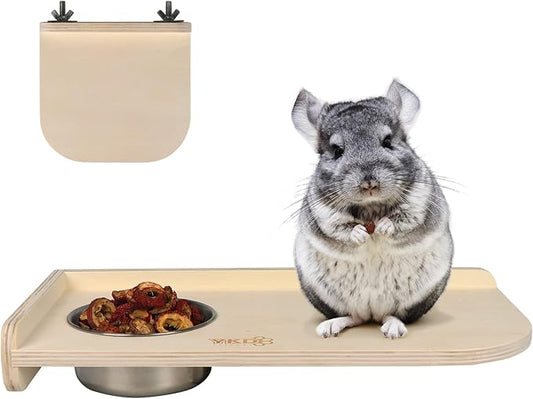 Chinchilla Wooden Platform Set, Pet Cage Platform with Feeding Bowl, Small Animals Cage Accessories for Chinchilla Squirrel Gerbil Suger Glider Hamsters (Feeding Platform + Small Platform)