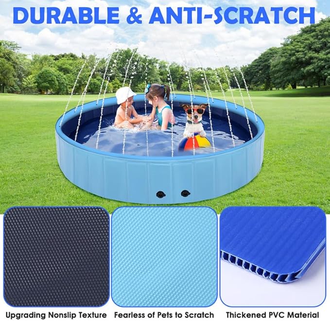 63" Large Dog Pool with Sprinkler, 2-in-1 Foldable Swimming Pool Non-Slip Hard Plastic Splash Sprinkler Kiddie Pool for Outdoor Backyard Kids Dogs Ducks and Pet Baths