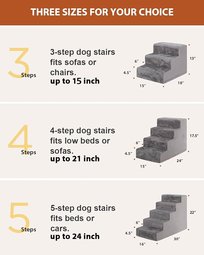Dog Stairs for Small Dogs,13" 3-Step Pet Stairs for Couches，Dog Steps with Non-Slip Bottom and Removable Cover Indoor Outdoor,Grey