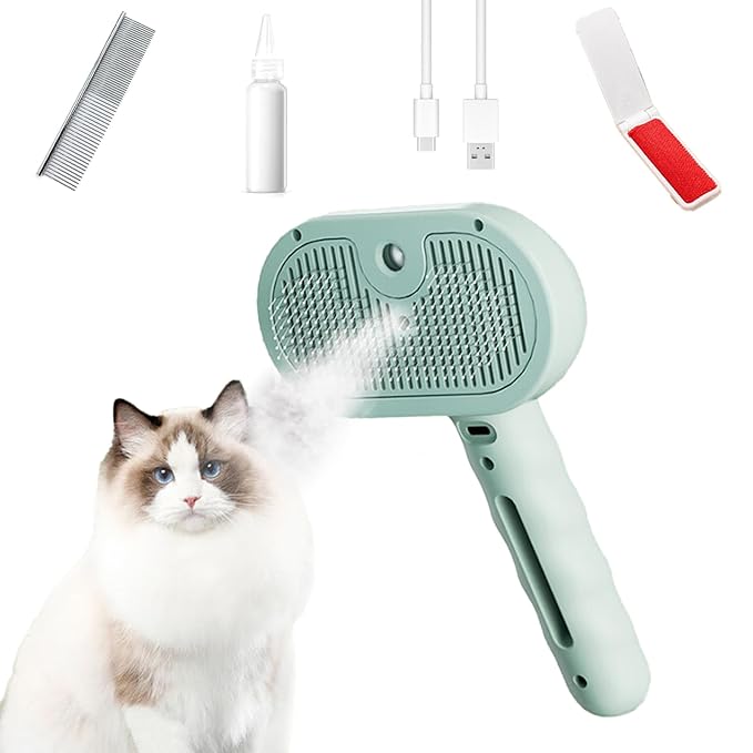 Trumoon Pet steam brush for dogs and cats, Pet Grooming Tool Kit with a stainless steel comb and a portable pet hair remover (Green)