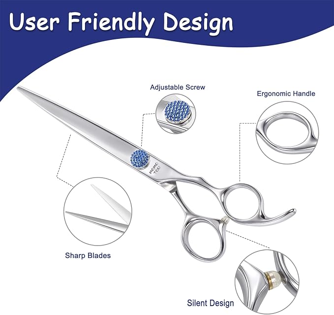 7.5'' Dog Grooming Scissors CNC 440C Blades Sharp and Durable Polished Straight Dog Shears with Blue Diamond Adustable Screws Easy to Use for Groomer and Home User