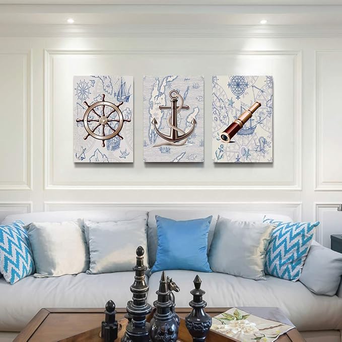 ocean theme steering wheel telescope ship pendant Canvas Prints bathroom Wall Art for Bedroom Wall decor Artworks Pictures wall decorations for living room,3 piece Home decor kitchen wall paintings
