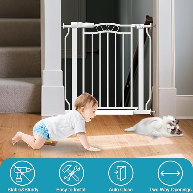29.9-43.7 in Wide Baby Gate for Stairs Doorways, Auto Close Child Safety Gates Indoor for Dogs Pets, Pressure Mounted Metal Barrier Kids Toddler Door Walk Through, 30" Tall, White