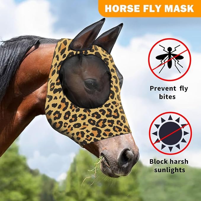 Horse Fly Mask with Ears - Comfort Fit, Durable & Breathable, Easy to on/Off | UV Protection, Large Eye Space, Stretchy Leopard Print (2pcs Medium, Tangle-Free)