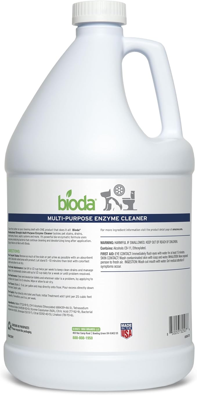 Bioda Multi-Purpose Probiotic Enzyme Cleaner and Deodorizer | Professional Strength | Trash Can Deodorizer, Pet Stains and Odors, Drains, Floors, Bathrooms, Toilets | Made in USA | 1 Gallon