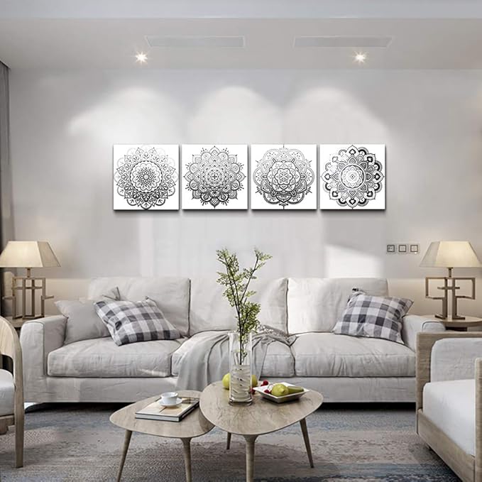 Black and white art Decorative pattern Canvas Wall Art for Living Room Bedroom wall decor Bathroom decorations,4 piece Modern Home decoration inspirational wall paintings Posters Pictures artwork