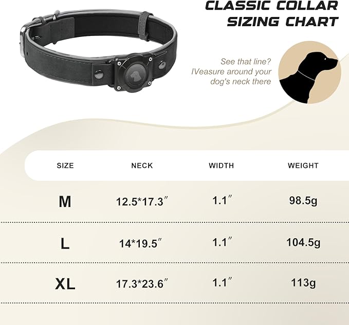 AirTag Dog Collar - Leather Dog Collar with Air Tag Holder | IPX8 Waterproof, Reflective, High - End, Adjustable Soft Padded | Dog GPS Tracker Collars Fit for Medium Large Dogs (Black, XL)