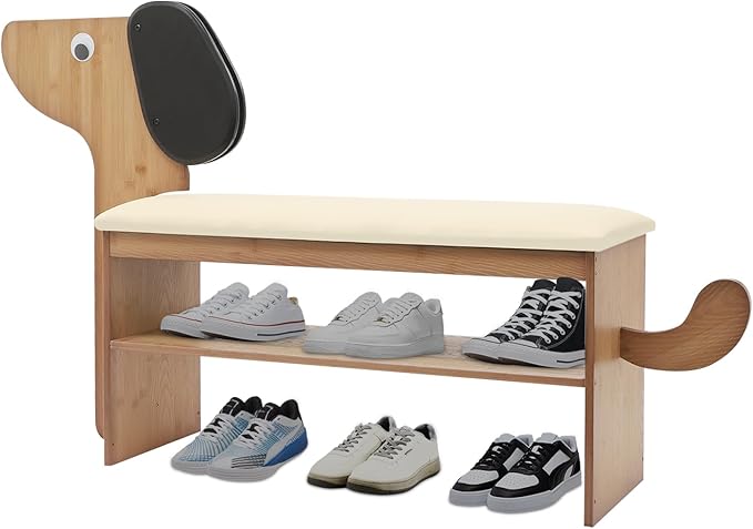 Cute Dog Shoe Bench with Cushion, 51.6”L x 11.8”W Puppy Shoe Storage Bench Beige 2-Tire Bamboo Shoes Rack Bench for Entryway Living Room Hallway Bedroom 220Lbs Load Capacity