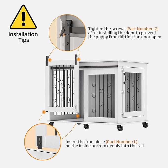 IchbinGo Large Dog Crate Furniture with Sliding Barn Door, 43.7" Wooden Dog Kennel End Table with Wheels and Flip-top Plate Dog House with Detachable Divider for Small/Medium/Large Dog (White)